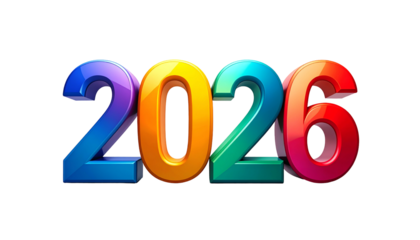 Colorful, glossy 3D numerals spelling out the year 2026 on a black backdrop