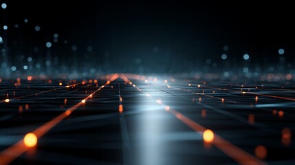 Abstract digital landscape with glowing lines and dots representing data flow and technology connections in a futuristic dark environment