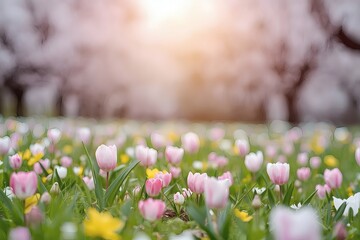 Field of pink tulips and yellow flowers in spring


