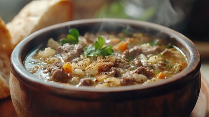 Tasty soup or stew made of beef tripe and spices. Spicy and aromatic tripe soup seasoned with pepper and served with bread
