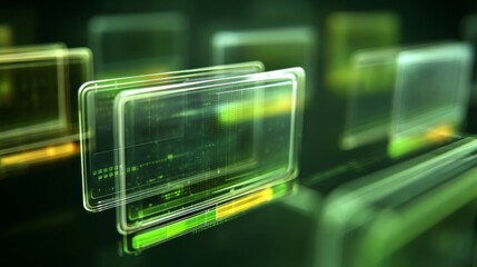 Futuristic digital screens with glowing interfaces displaying data in a tech-inspired environment, perfect for innovation and technology-themed projects.