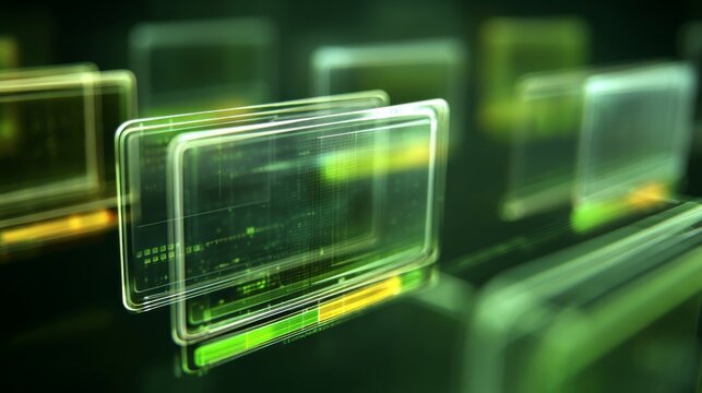 Futuristic digital screens with glowing interfaces displaying data in a tech-inspired environment, perfect for innovation and technology-themed projects. - Powered by Adobe