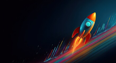 Cartoon rocket blasting off over a rising financial graph with vibrant colored streaks
