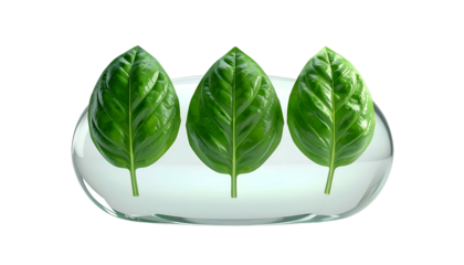 Three vibrant green leaves rest in a transparent, oval-shaped dish