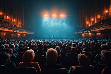 Large audience watching an event at a theater with stage lights aglow