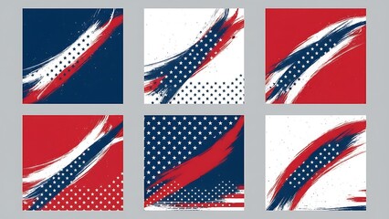 A collection of six abstract backgrounds featuring bold red white and blue brushstroke patterns and dotted textures
