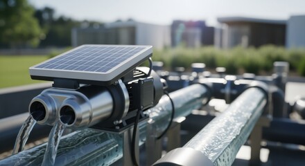 Closeup of solarpowered pumps enhancing greywater recycling system efficiency in a sustainable infrastructure project.