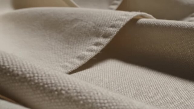 Soft beige cotton textile closeup macro of woven fabric weave draped fold texture, beige fabric textile closeup woven cloth drape fold neutral linen material, soft beige fabric texture draped over