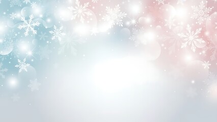 A soft blurred winter background featuring delicate white snowflakes and gentle pastel pink and blue hues