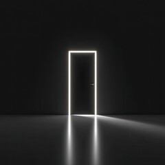 Illuminated doorway against a dark backdrop casts a bright reflection on the floor