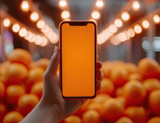 A hand holds up a phone with an orange screen, framed by blurred oranges and glowing lights