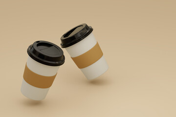Two floating disposable coffee cups with copy space