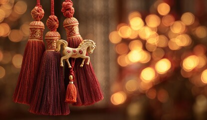 Close-up of ornate tassels with a golden horse ornament; bokeh background