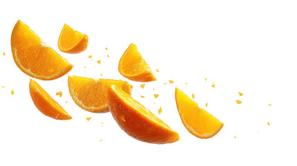 set of floated slices of orange falling isolate on withe background with slice, citrous, fruit, fresh, food, isolated, orange