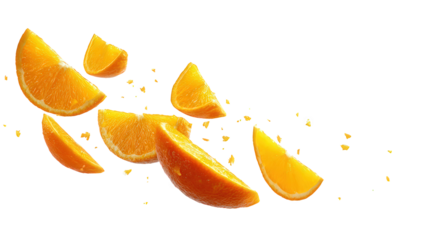 set of floated slices of orange falling isolate on withe background with slice, citrous, fruit, fresh, food, isolated, orange