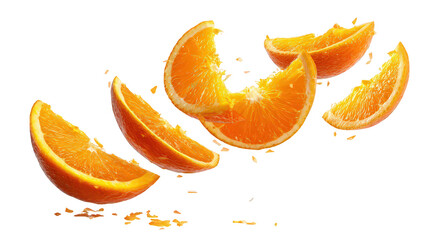 set of floated slices of orange falling isolate on withe background with fruit, fresh, isolated, citrous, food, orange, slice