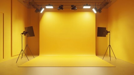 A 3D rendering of an empty photo studio with yellow room background, spotlight, and blank display, creating a versatile setting for various scenes