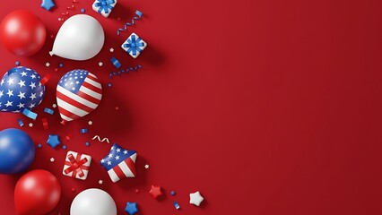 A festive arrangement of red white and blue balloons with patriotic confetti on a rich red background