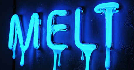 Bright blue neon sign spells MELT with dripping effect. Dark background emphasizes glowing letters, creating dramatic visual impact.