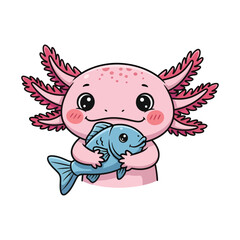 Cute axolotl holding a fish in its arms, a heartwarming illustration of friendship and affection
