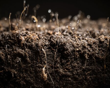 Moist soil with tiny roots and droplets at close range