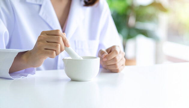 Pharmacist hand holding white spatula above porcelain mortar, preparing medicine in clean healthcare environment, professional and calm atmosphere, laboratory background