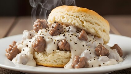 Savory Biscuit: A mouthwatering shot of a homemade biscuit, generously smothered with creamy sausage gravy, and delicately seasoned with fresh herbs and spices.