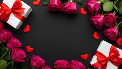 Pink roses and white gift boxes with red ribbons arranged in frame on black background with small red hearts, elegant romantic Valentine’s Day greeting card or luxury love banner