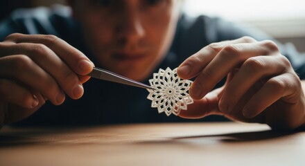 Artisan inspecting the symmetry and positioning of a 3Dprinted rosette before final securing reflecting attention to detail.