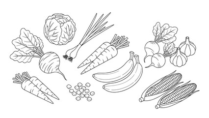 Black and white line art illustration of various fruits and vegetables including corn, carrots, bananas, beets, and garlic on a plain background.