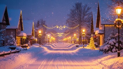 Fototapeta premium A snow-covered street in a village, lit by streetlights, festive decorations, and falling snow