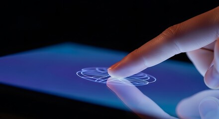 Close up finger touching glowing circular fingerprint scanner on digital tablet screen for secure biometric verification
