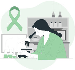 A researcher examines samples through a microscope in a laboratory setting with equipment and a green ribbon symbol nearby