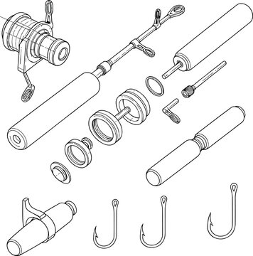 Technical Schematic Illustration of Fishing Rod Assembly and Mechanical Gear Components