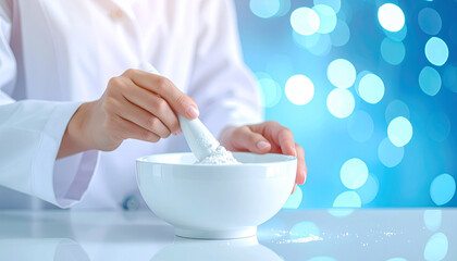 Medical lab technician hand stirring white powder in ceramic mortar, laboratory background, pharmaceutical preparation, sterile environment, precise formulation, scientific research, focused mood