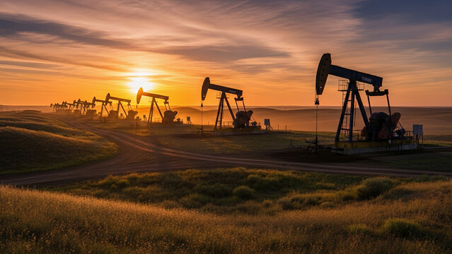 Pump Jack Oil Extraction Mining Machine at Petroleum  Fosil Fuel Energy Crude Oil Mining Field Industry Photo