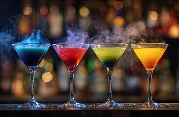 Four colorful cocktails in stemmed glasses, emitting swirling vapor against a blurred bar backdrop