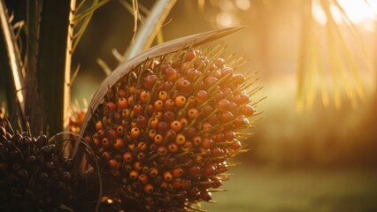 Close-up of palm fruit cluster bathed in warm sunlight, with blurred green background