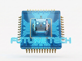 Blue transparent computer processor chip with robot face design and circuit patterns, featuring "FUTURETECH" text for technology concepts