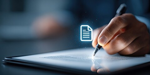 A close-up shot of a hand writing on digital tablet with a glowing document icon