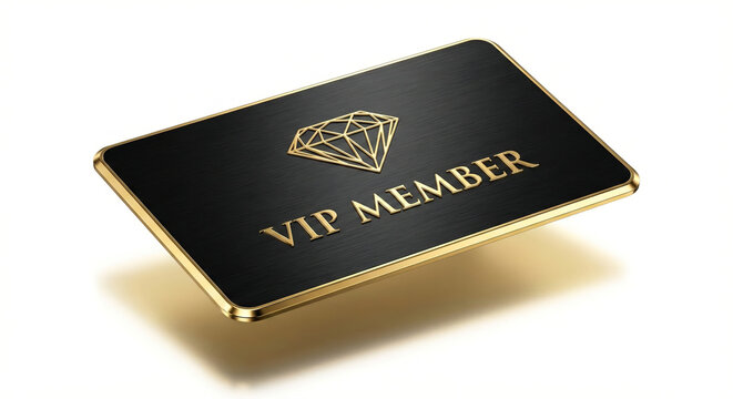 Luxury black and gold VIP member card with diamond logo on white background, premium membership concept for exclusive services
