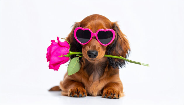 Cute long haired dachshund puppy wearing bright pink heart shaped sunglasses holding pink rose in mouth, isolated on white background, playful and charming expression