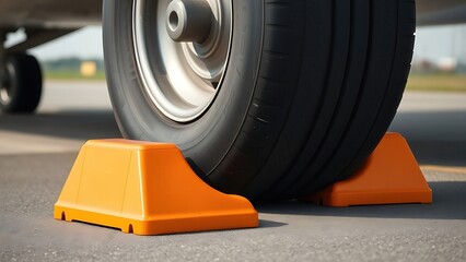  An orange wheel block against a large aircraft tire on tarmac.