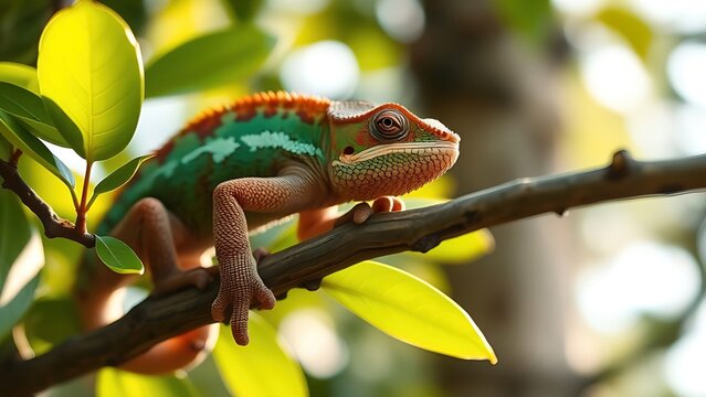  Chameleon on a tree branch mid-color change, blending with green leaves. 