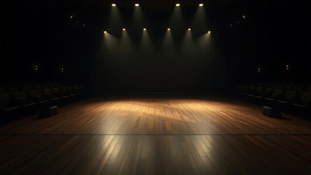 An empty theater with a wooden stage, softly lit by recessed footlights. 