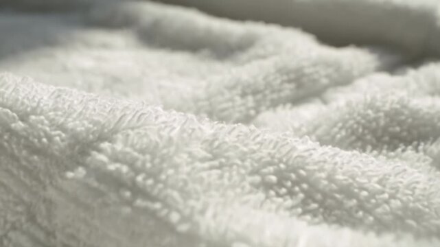 Soft white towel texture close up showing plush looped cotton textile fabric and gentle folds creating cozy calm feeling bath linen tactile scene