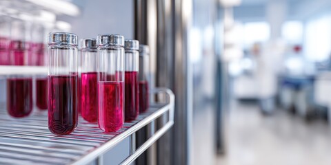 Close-up of several glass test tubes with magenta liquid, set in a metallic rack