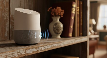 Closeup of smart speaker on a shelf activating home automation demonstrating retrofit solutions for voice control in traditional homes.