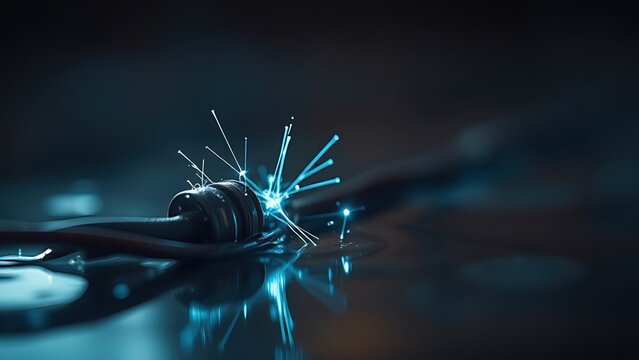 A damaged electrical wire submerged in water, emitting faint blue sparks.