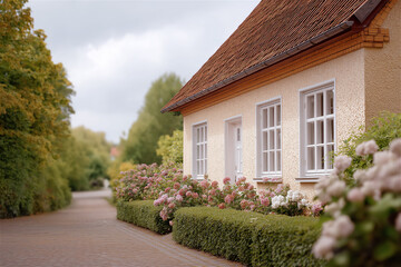Cozy countryside cottage with garden flowers and a pathway to the front door, charming rural home exterior in soft daylight, peaceful lifestyle, hospitality and retreat concept.